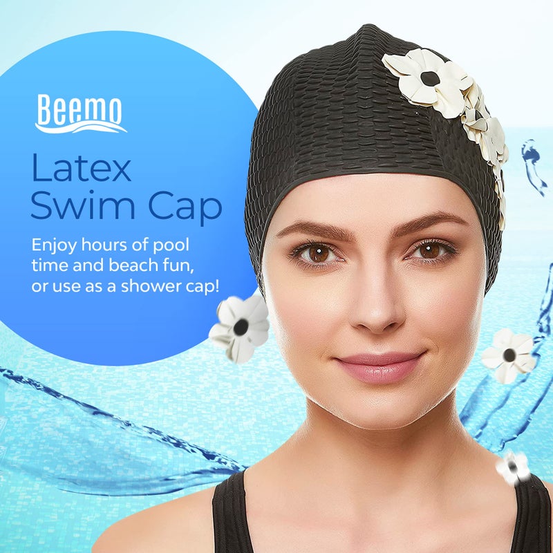 Beemo Latex Swimming Cap for Women, Swim Cap for Long Hair or Short Hair, Bath & Swim Caps to Shield Hair from Damage, Use as Large Shower Cap, Black Swimming Cap with White Flowers - Image 2
